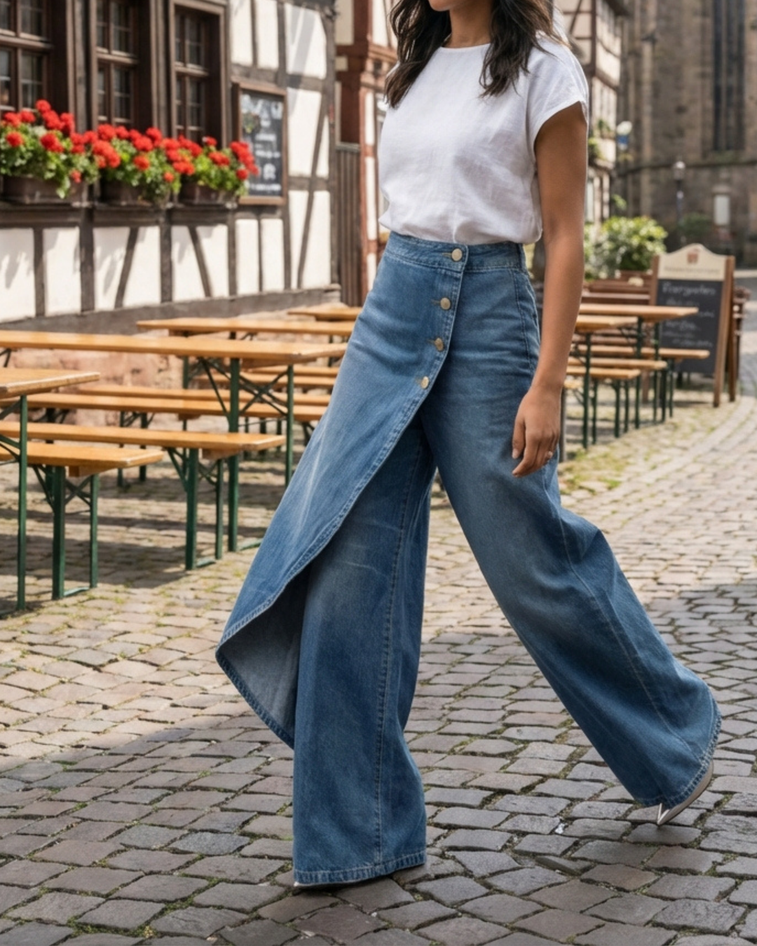 Stylowe jeansy z kopertowym zapięciem