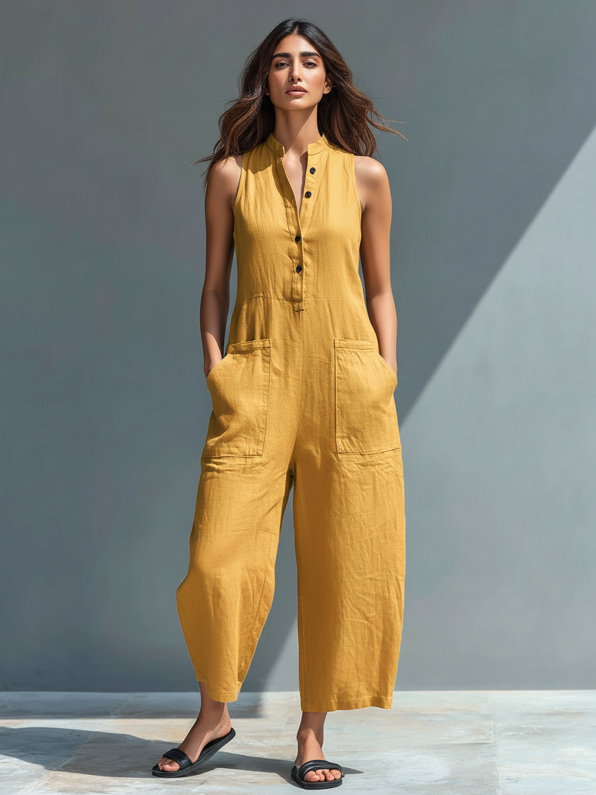 Claudia | Mono minimalista de lino para mujer, sin mangas, cuello alto y botones
